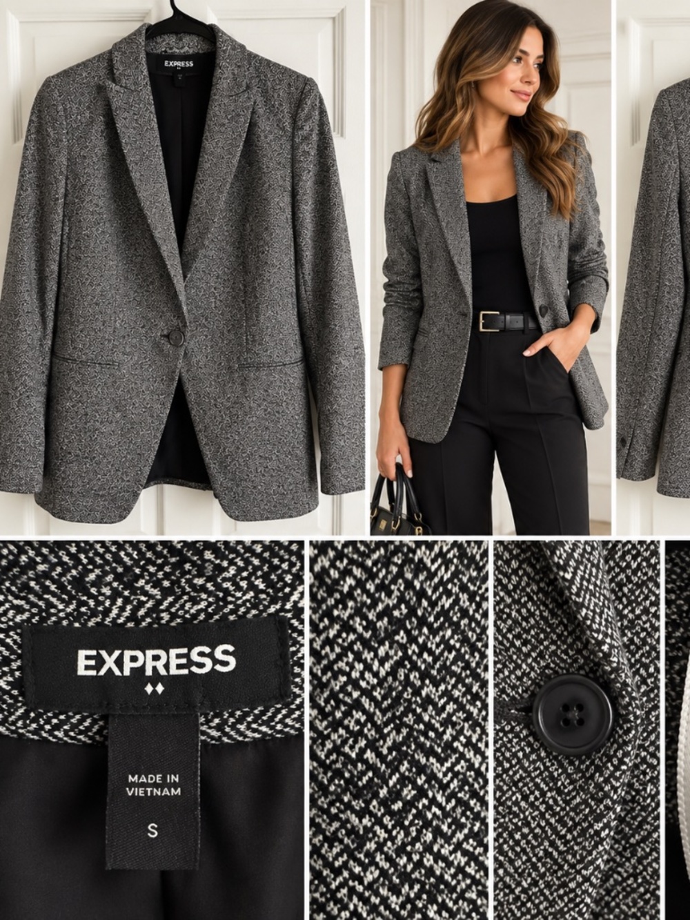 Express Women’s Size S Black White Herringbone Tailored Blazer Stretch Jacket